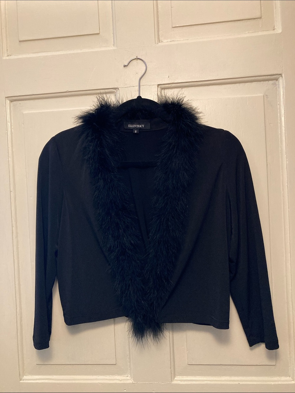 Ellen Tracy Black Faux-Fur Trim Cropped Cardigan, Size S